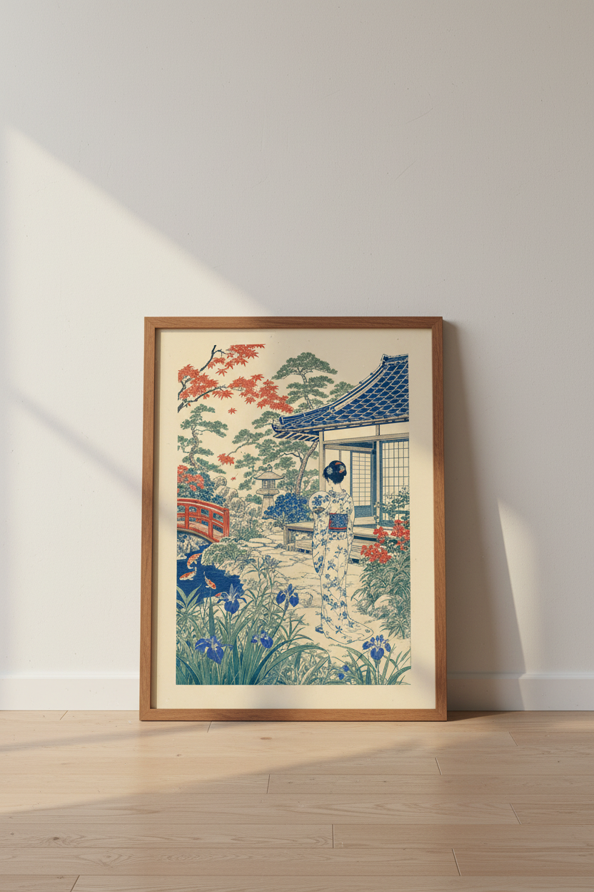 Japanese Garden Wall Art | Kimono Woman Koi Pond Print | Zen Asian Decor Poster