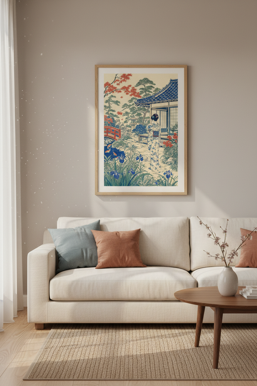 Japanese Garden Wall Art | Kimono Woman Koi Pond Print | Zen Asian Decor Poster