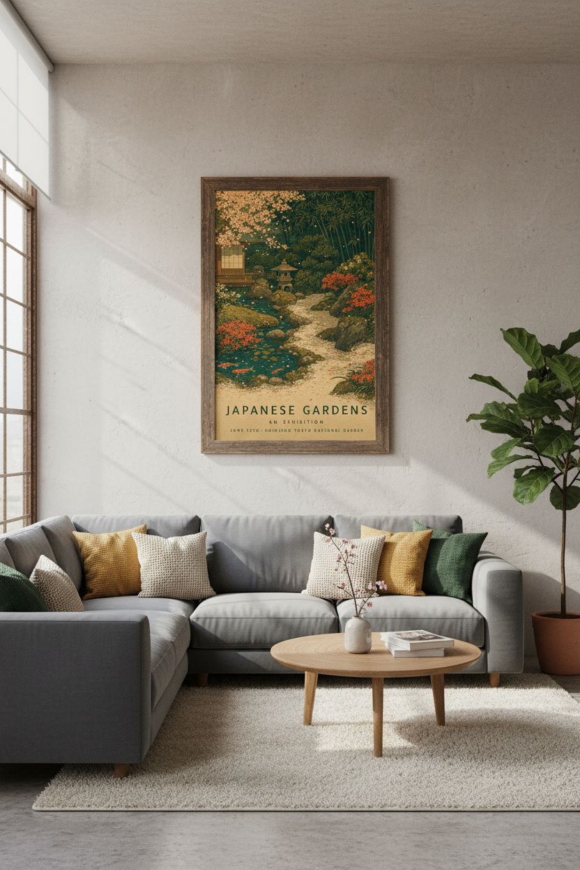Japanese Garden Exhibition Art | Cherry Blossom &amp; Koi Pond Poster, Zen Living Room Decor