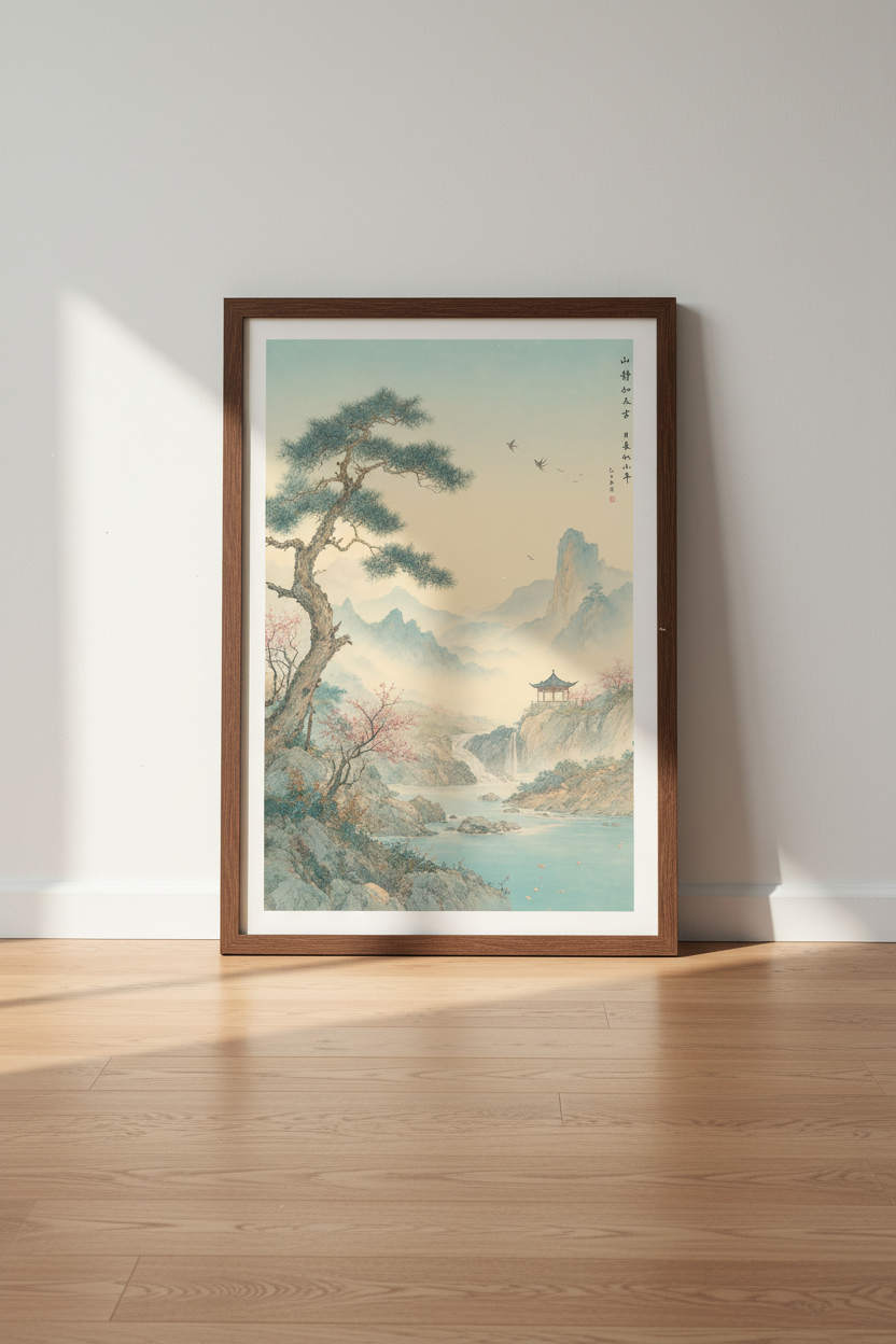Japanese Landscape Wall Art | Mountain Pagoda Print, Zen Nature Decor