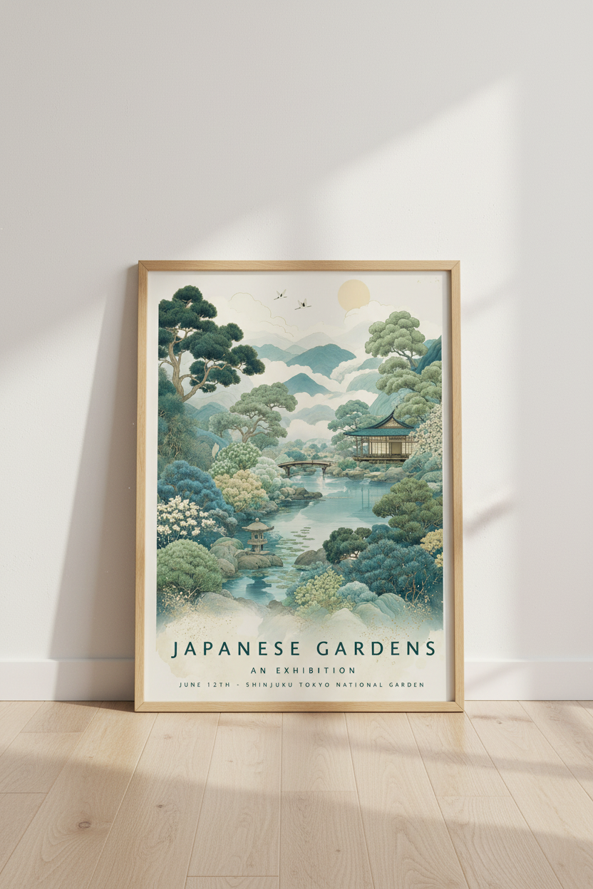 Japanese Garden Exhibition Art | Teal Landscape Poster, Zen Home Decor