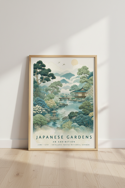 Japanese Garden Exhibition Art | Teal Landscape Poster, Zen Home Decor