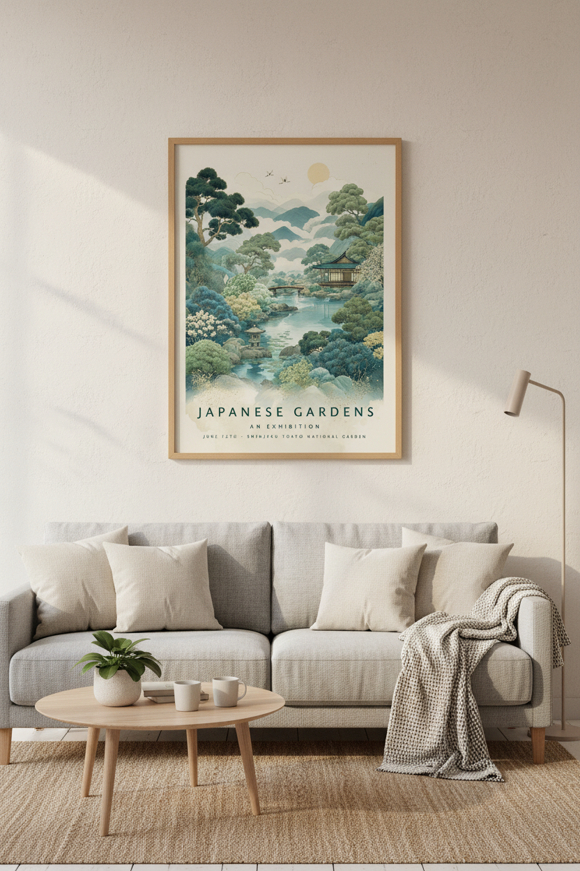 Japanese Garden Exhibition Art | Teal Landscape Poster, Zen Home Decor