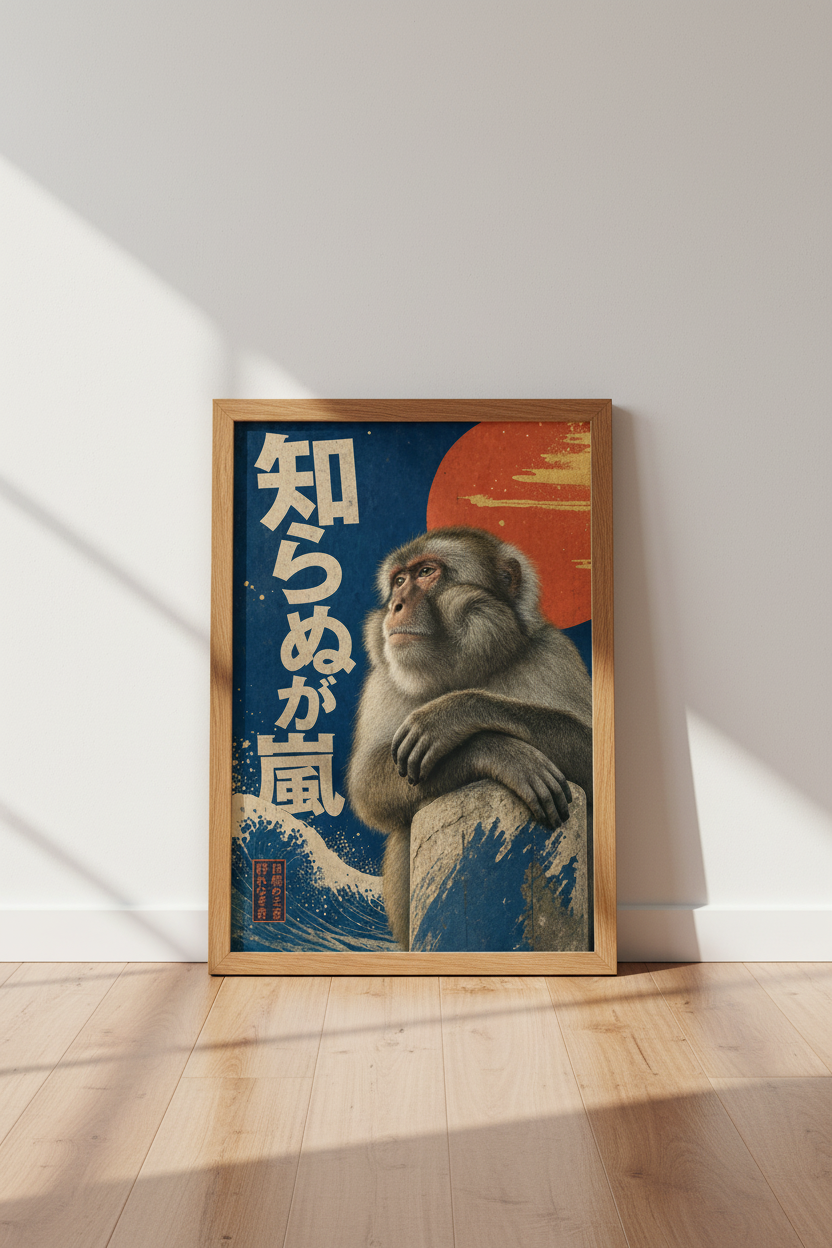 Japanese Monkey Wall Art Print | Indigo Blue &amp; Red Sun | Ukiyo-e Style Poster
