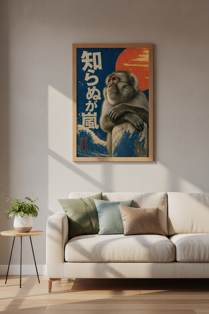 Japanese Monkey Wall Art Print | Indigo Blue &amp; Red Sun | Ukiyo-e Style Poster