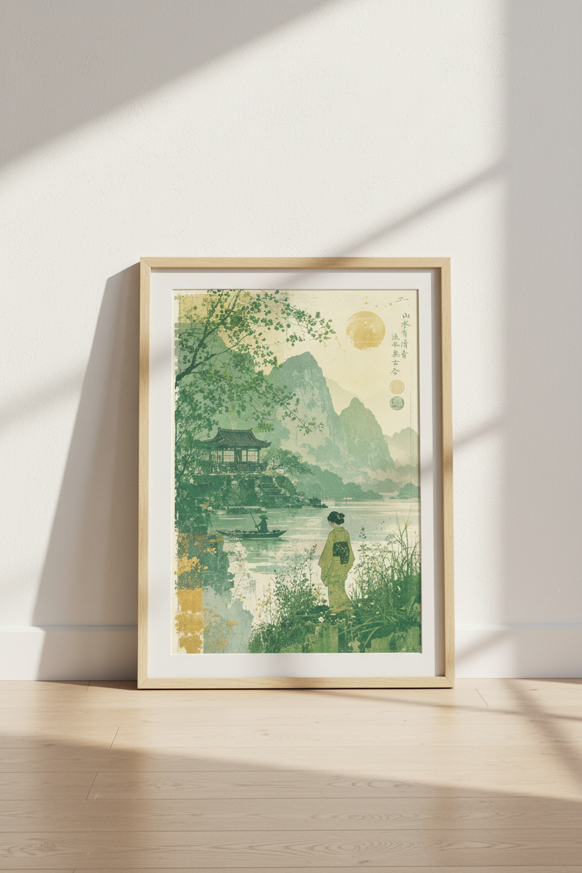 Japanese Landscape Wall Art | Sage Green Pagoda Poster | Zen Nature Decor