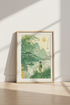 Japanese Landscape Wall Art | Sage Green Pagoda Poster | Zen Nature Decor