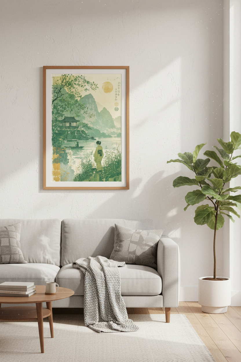 Japanese Landscape Wall Art | Sage Green Pagoda Poster | Zen Nature Decor