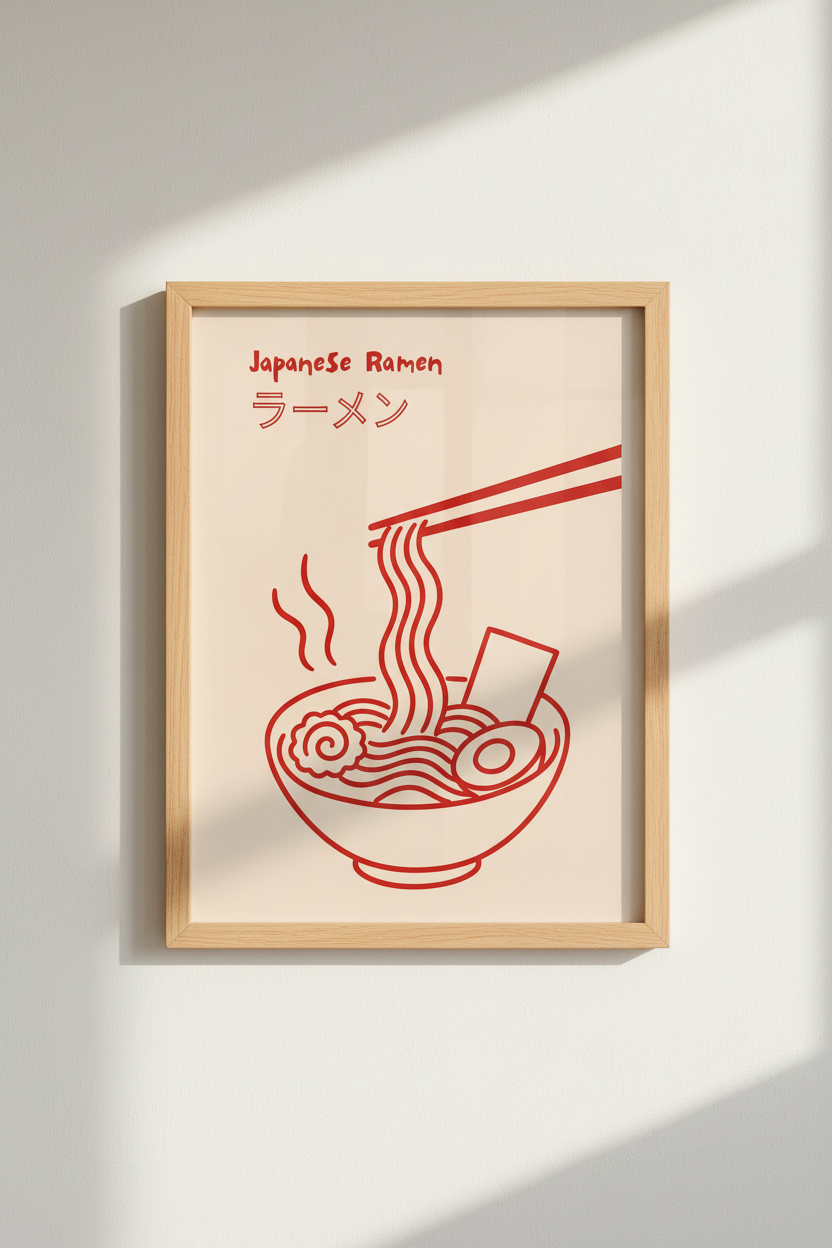 Japanese Ramen Print | Red Minimalist Kitchen Decor | Aesthetic Foodie Poster