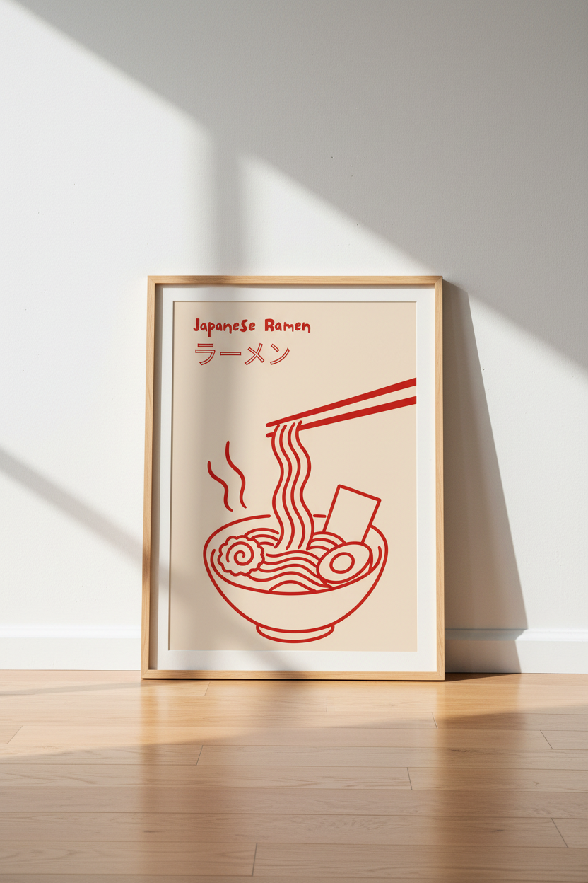 Japanese Ramen Print | Red Minimalist Kitchen Decor | Aesthetic Foodie Poster