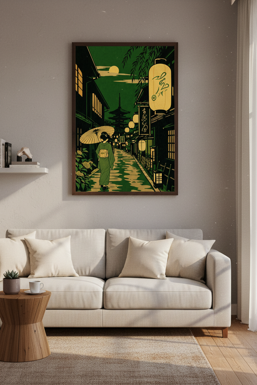 Kyoto Street Wall Art | Japanese Ukiyo-e Green &amp; Gold Poster, Zen Home Decor