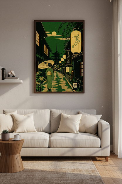 Kyoto Street Wall Art | Japanese Ukiyo-e Green &amp; Gold Poster, Zen Home Decor