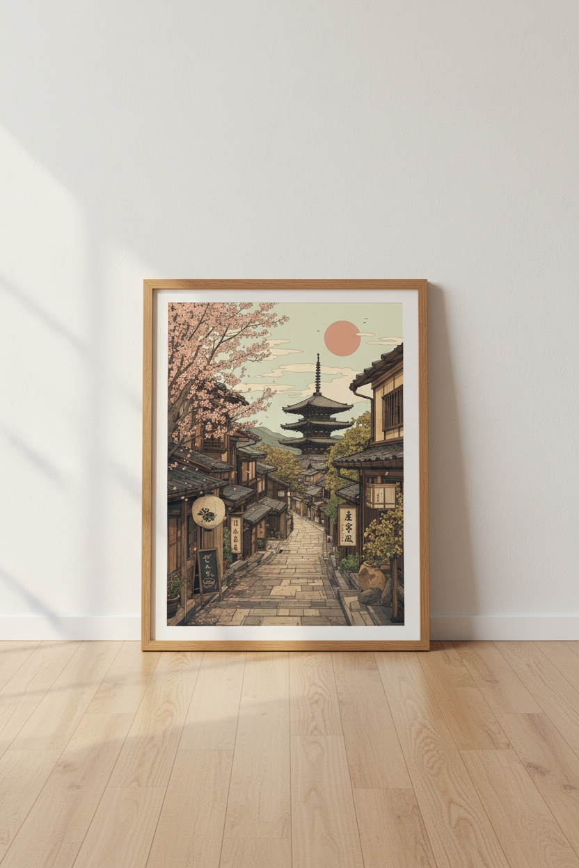 Japanese Pagoda &amp; Cherry Blossom Wall Art | Kyoto Street Decor | Ukiyo-e Poster