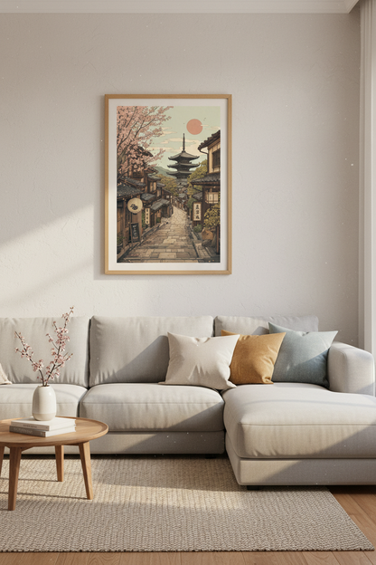 Japanese Pagoda &amp; Cherry Blossom Wall Art | Kyoto Street Decor | Ukiyo-e Poster