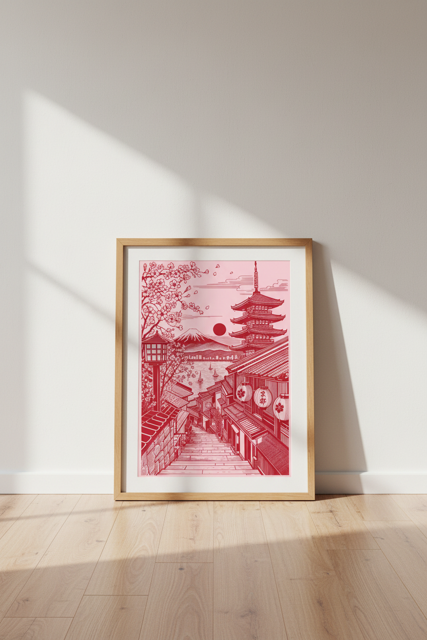 Japanese Kyoto Landscape Wall Art | Red Pagoda &amp; Mt Fuji, Zen Home Decor Poster