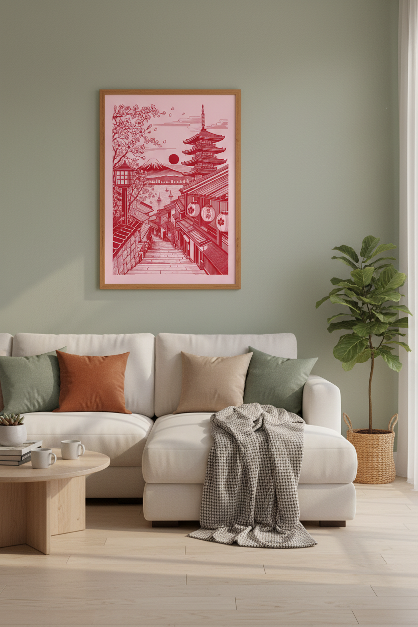 Japanese Kyoto Landscape Wall Art | Red Pagoda &amp; Mt Fuji, Zen Home Decor Poster