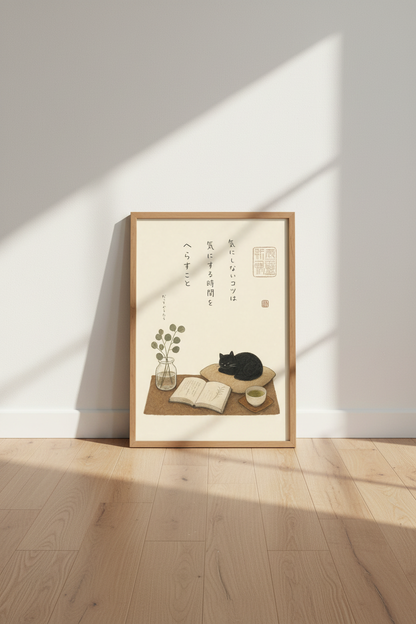 Japanese Black Cat Print | Minimalist Zen Wall Art, Reading Nook Decor