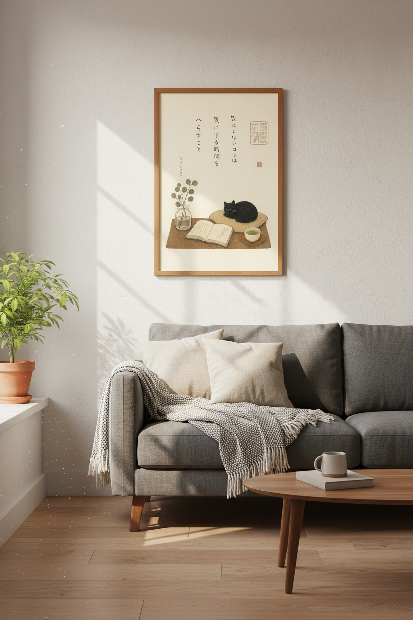 Japanese Black Cat Print | Minimalist Zen Wall Art, Reading Nook Decor