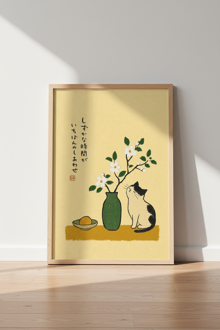 Japanese Cat &amp; Flower Wall Art Print | Boho Zen Home Decor | Minimalist Poster