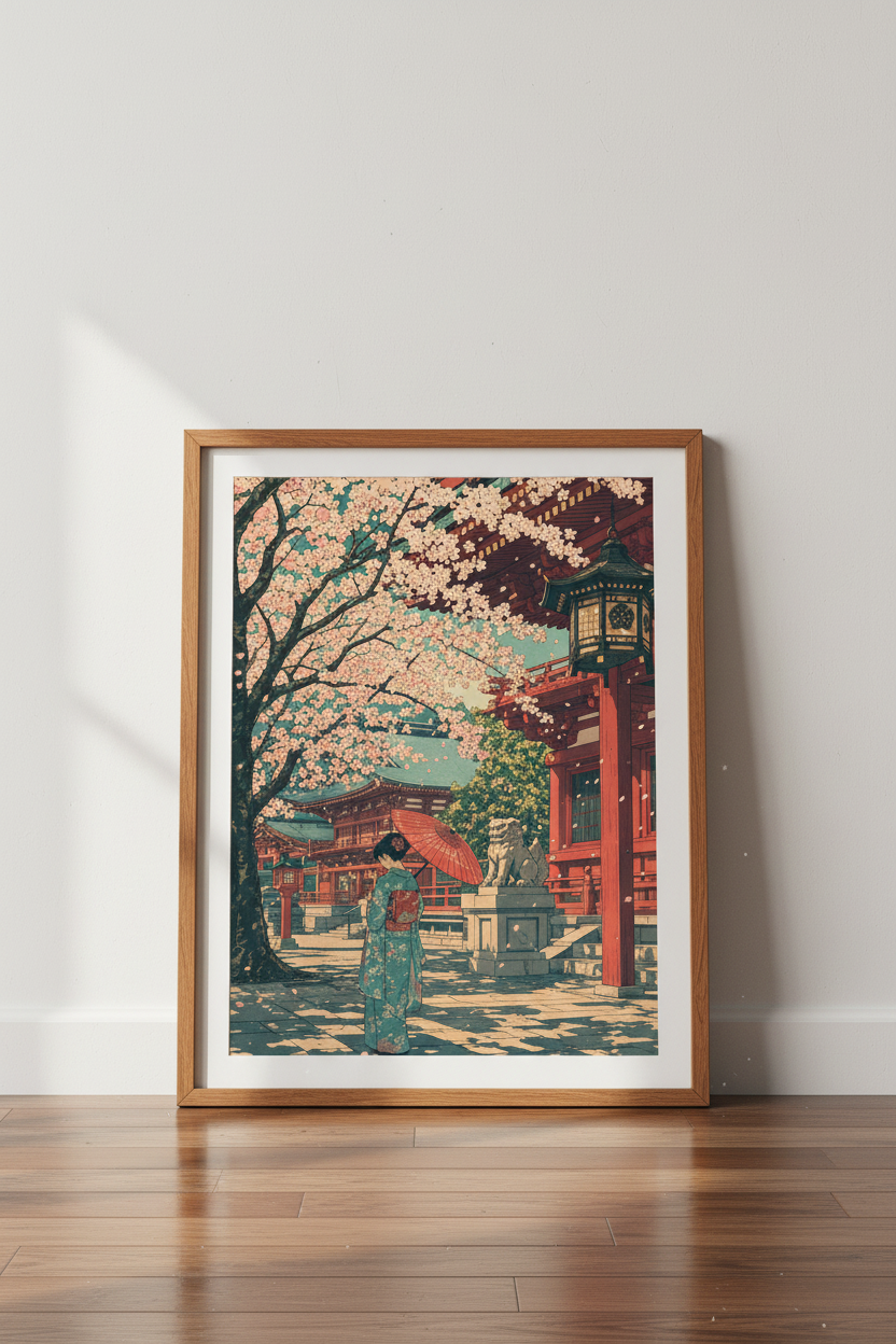 Japanese Shrine Wall Art | Cherry Blossom Sakura Print, Zen Home Decor Poster