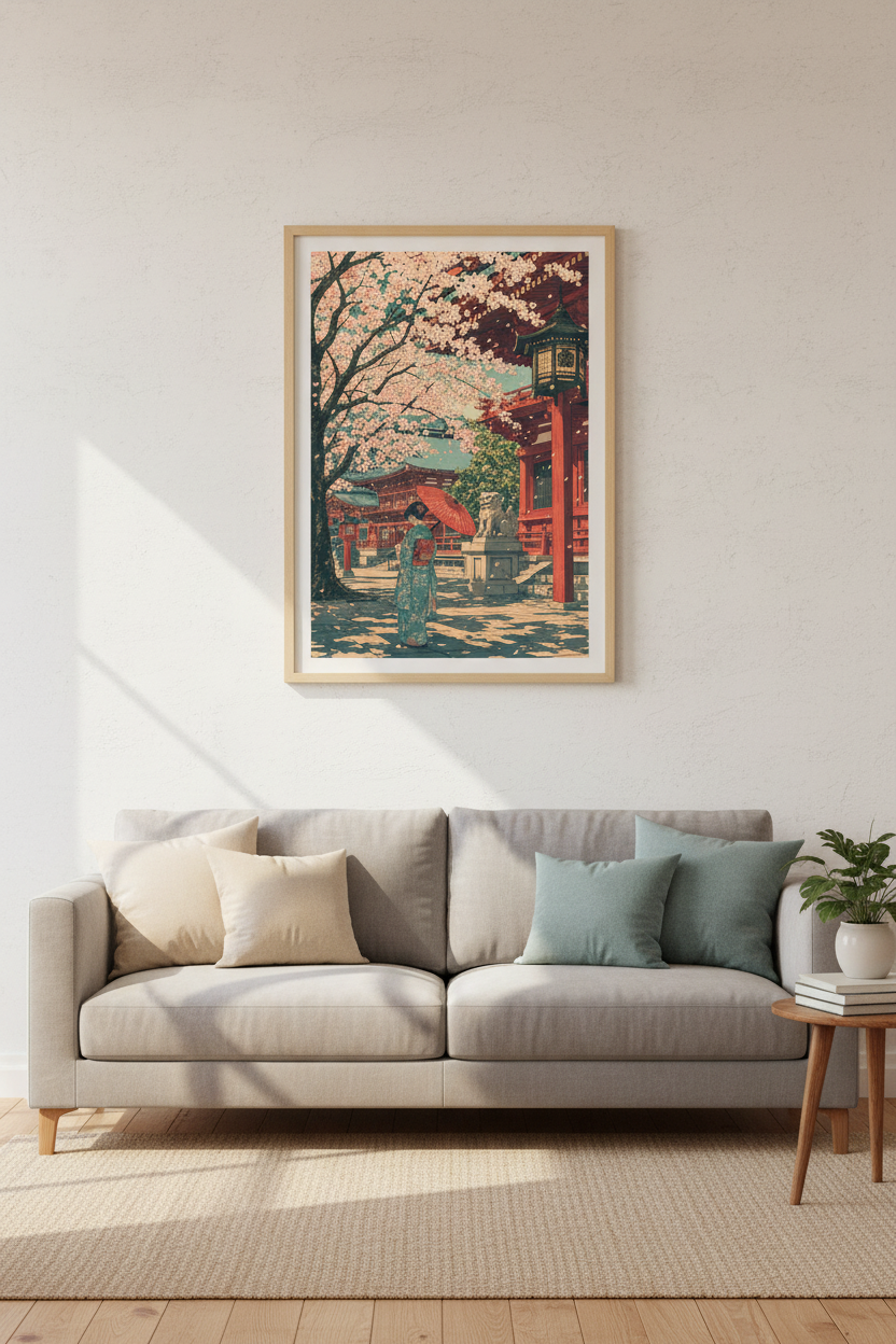 Japanese Shrine Wall Art | Cherry Blossom Sakura Print, Zen Home Decor Poster