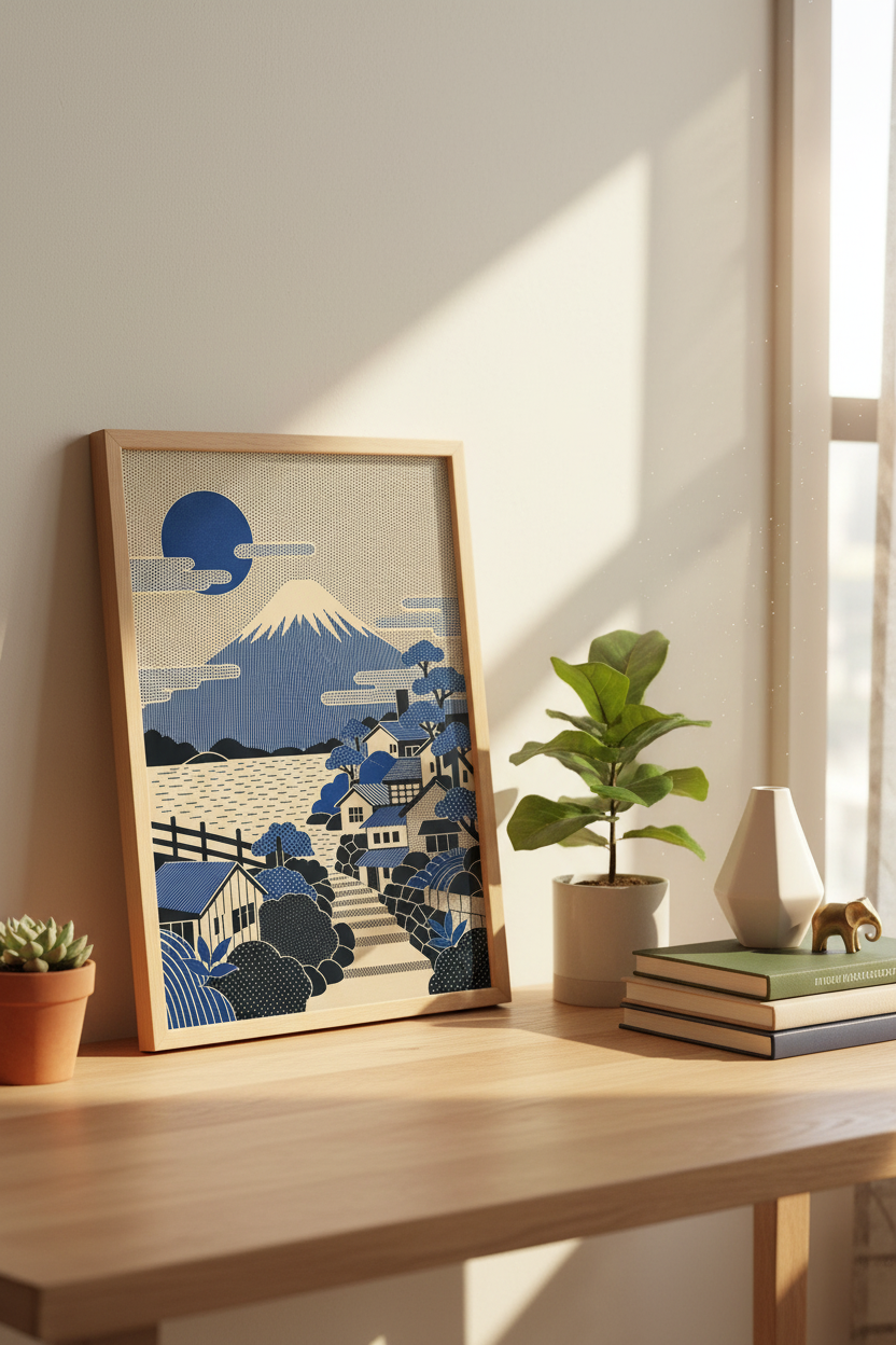 Mount Fuji wall art | Navy blue tones, coastal living decor