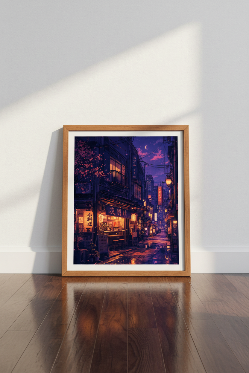 Japanese Street Night Wall Art | Purple Cyberpunk Tokyo Poster, Lo-Fi Room Decor