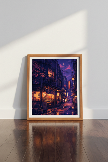 Japanese Street Night Wall Art | Purple Cyberpunk Tokyo Poster, Lo-Fi Room Decor
