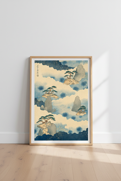 Japanese Floating Island Wall Art | Indigo Blue Pine Tree Poster, Zen Decor