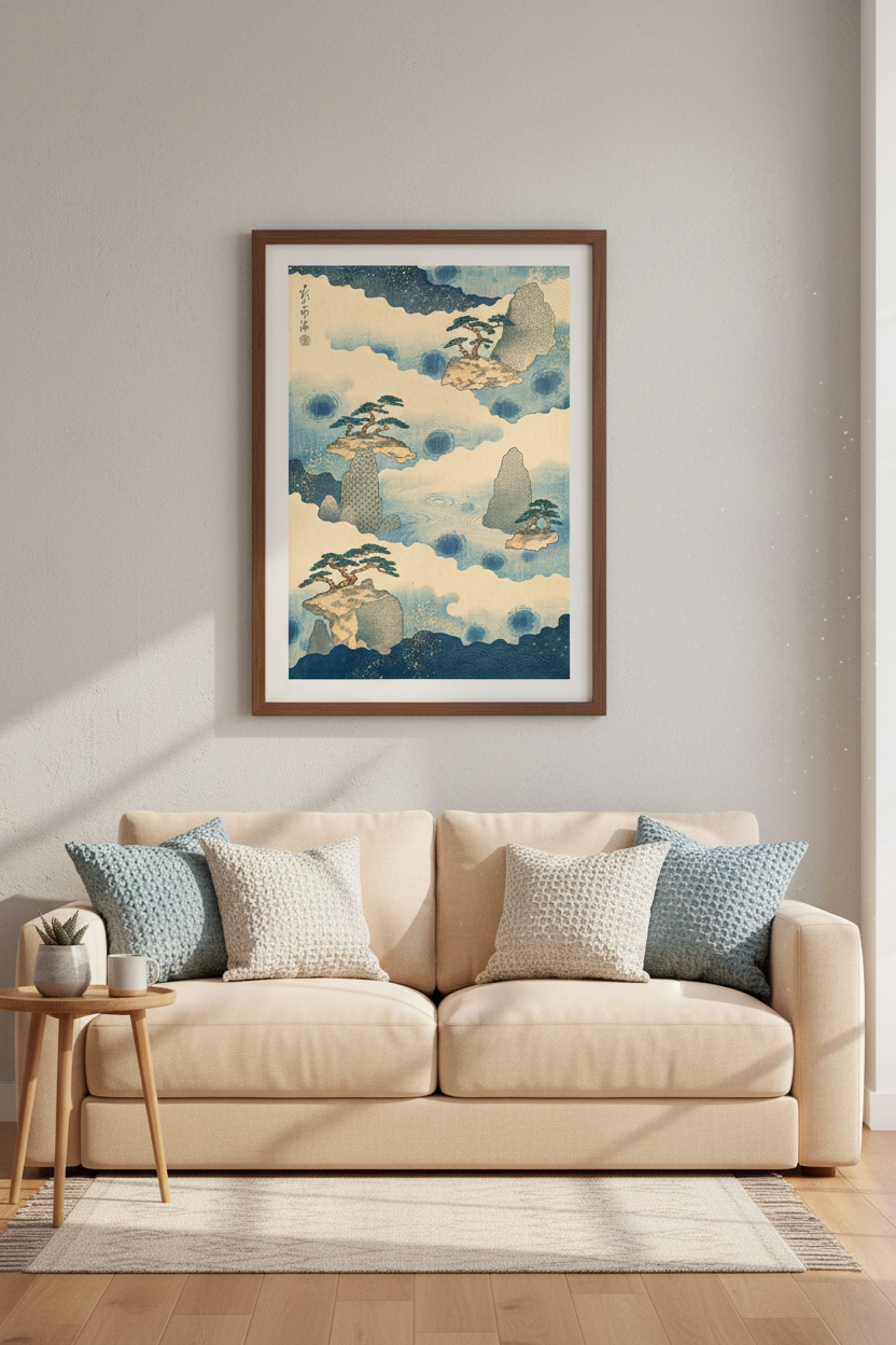 Japanese Floating Island Wall Art | Indigo Blue Pine Tree Poster, Zen Decor