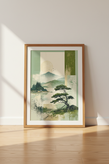 Japanese Landscape Art | Misty Mountains &amp; Pine Tree Print, Zen Japandi Decor