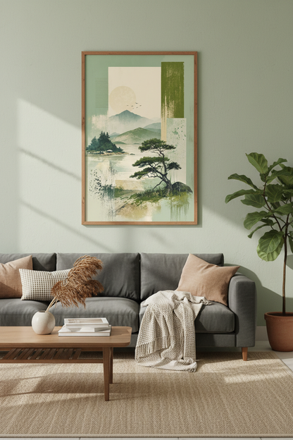 Japanese Landscape Art | Misty Mountains &amp; Pine Tree Print, Zen Japandi Decor