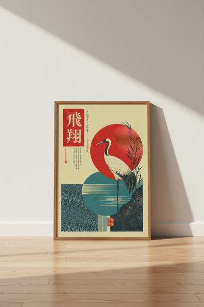 Japanese Crane Wall Art Print | Red Sun Oriental Decor | Zen Minimalist Poster