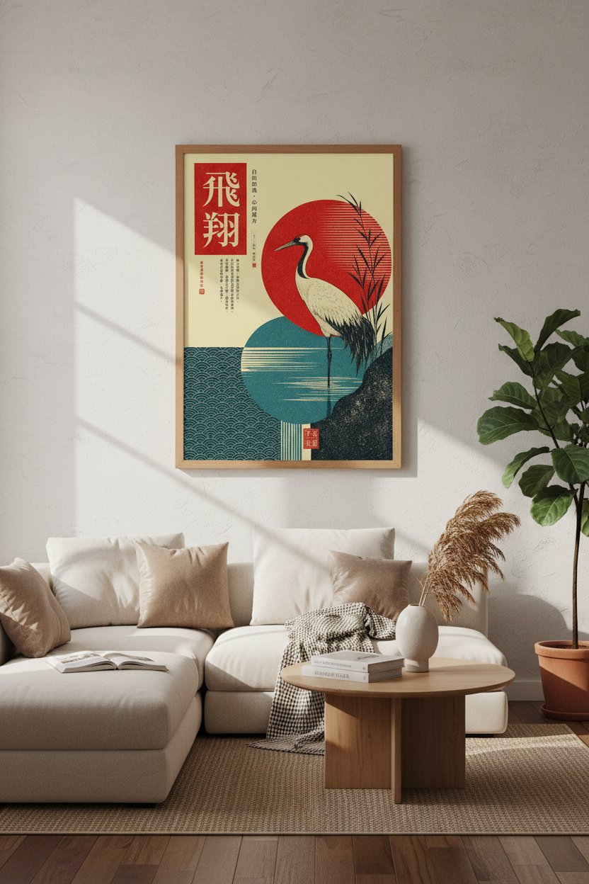 Japanese Crane Wall Art Print | Red Sun Oriental Decor | Zen Minimalist Poster