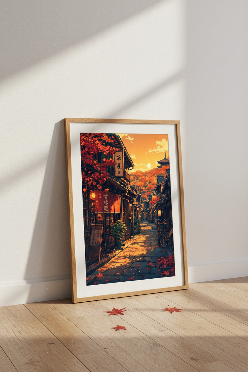 Japanese Autumn Street Scenery | Red Maple Leaf Landscape, Zen Living Room Decor