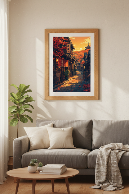 Japanese Autumn Street Scenery | Red Maple Leaf Landscape, Zen Living Room Decor