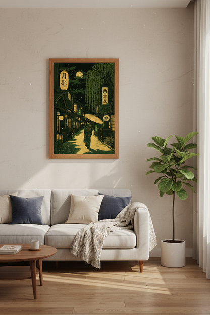 Japanese Night Street Wall Art | Kimono &amp; Lanterns Moonlit Scene, Zen Home Decor Poster