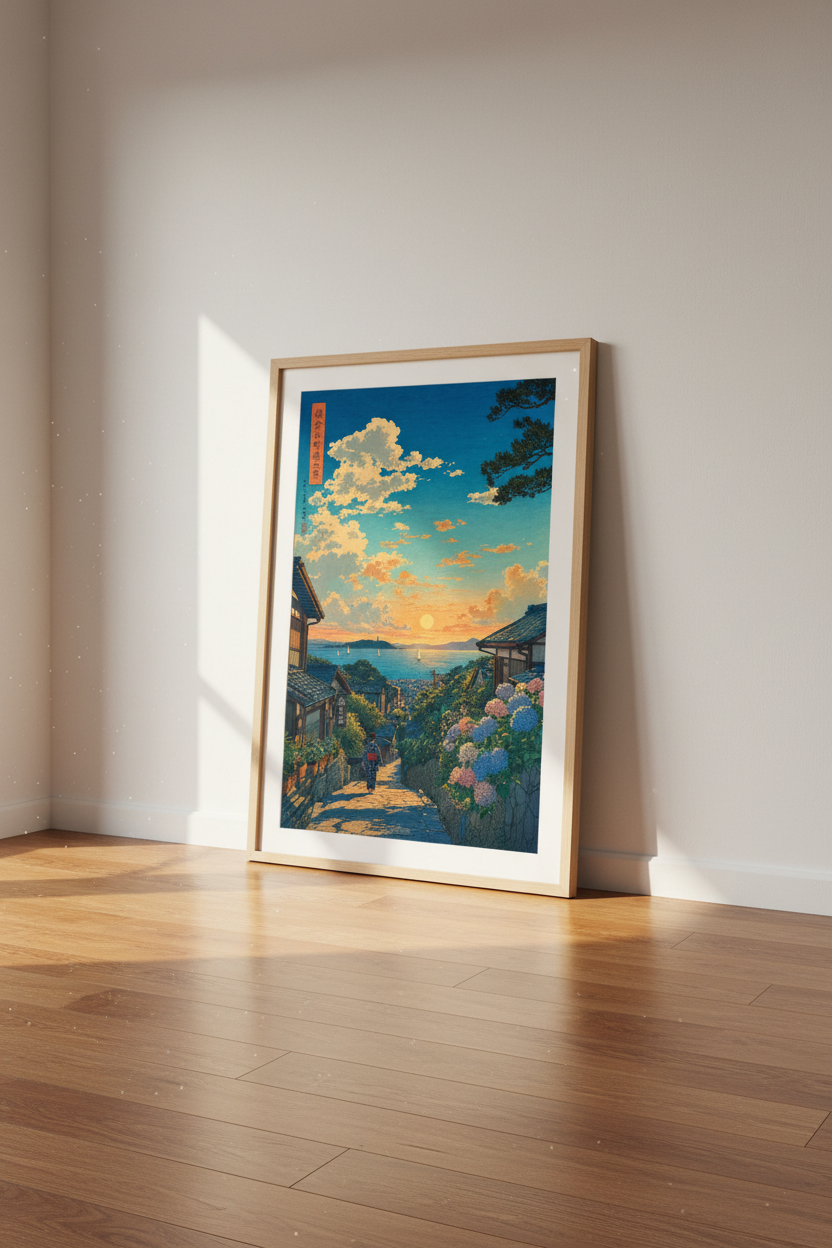 Japanese Sunset Landscape Wall Art | Ukiyo-e Coastal Poster, Blue &amp; Gold Living Room Decor