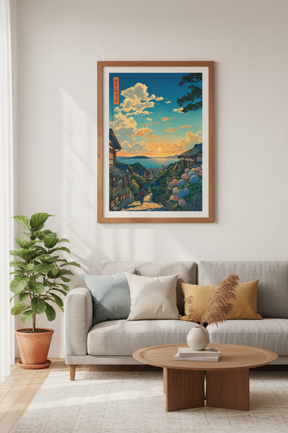 Japanese Sunset Landscape Wall Art | Ukiyo-e Coastal Poster, Blue &amp; Gold Living Room Decor