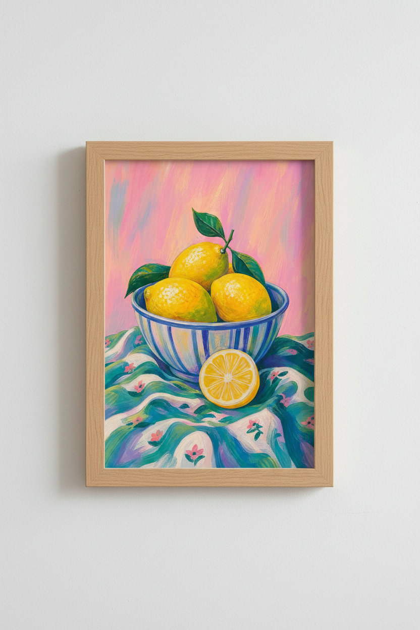 Lemon Fruit Bowl Art | Mediterranean Citrus Print, Kitchen Decor Poster