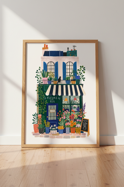 French Flower Shop Art Print | Parisian Boutique Decor | Whimsical Botanical Poster