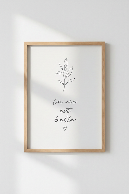 La Vie Est Belle Wall Art | Minimalist Botanical French Quote, Living Room Decor Poster