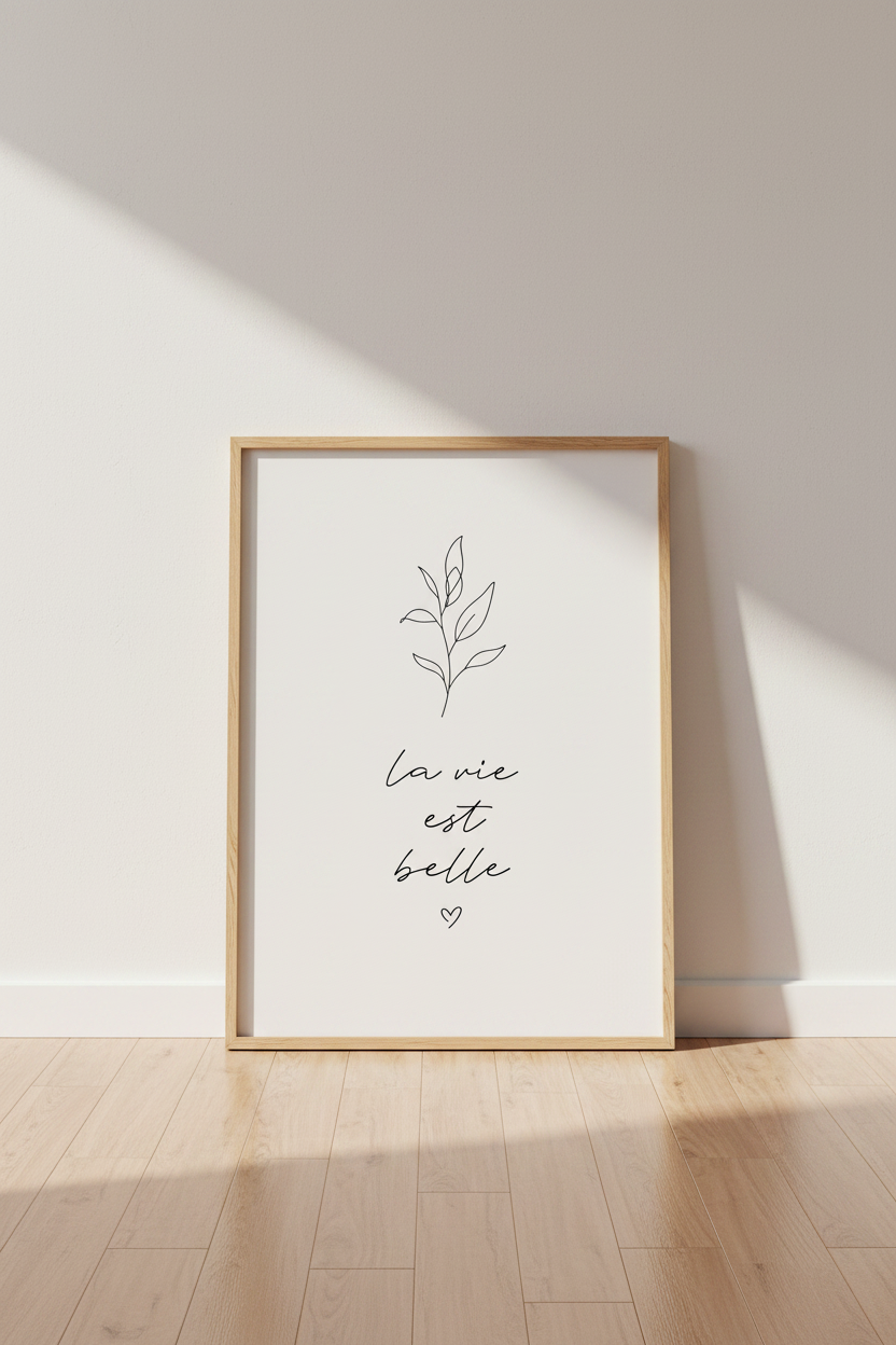 La Vie Est Belle Wall Art | Minimalist Botanical French Quote, Living Room Decor Poster