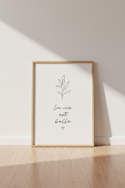 La Vie Est Belle Wall Art | Minimalist Botanical French Quote, Living Room Decor Poster