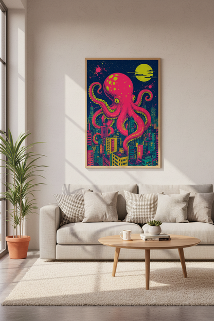 Giant Octopus Cityscape Wall Art | Neon Pink &amp; Blue Surreal Poster, Game Room Decor
