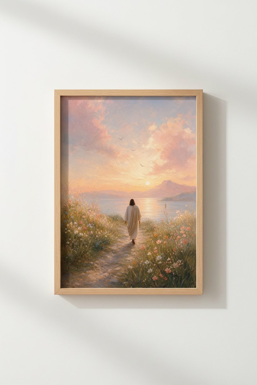 Jesus Christ Wall Art Print | Christian Sunset Landscape Decor | Pastel Oil Painting