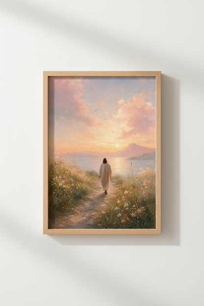 Jesus Christ Wall Art Print | Christian Sunset Landscape Decor | Pastel Oil Painting