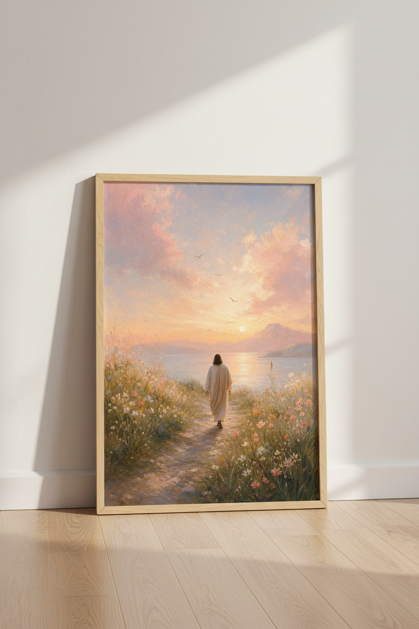 Jesus Christ Wall Art Print | Christian Sunset Landscape Decor | Pastel Oil Painting