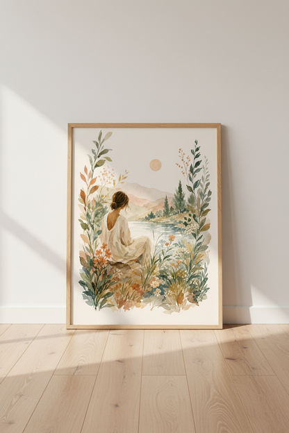 Boho Watercolor Art Print | Serene Mountain Lake Decor | Earthy Aesthetic Poster