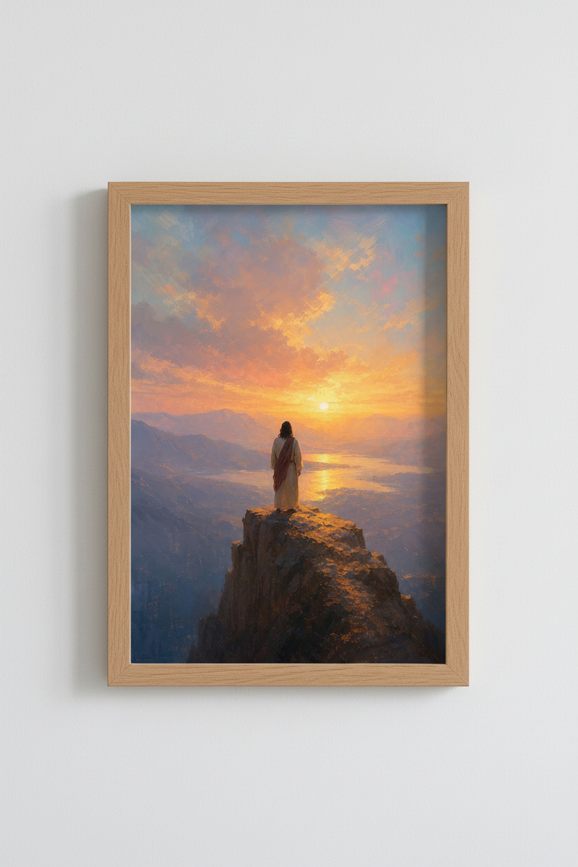 Jesus Landscape Art Print | Christian Sunset Mountain Poster | Modern Religious Decor
